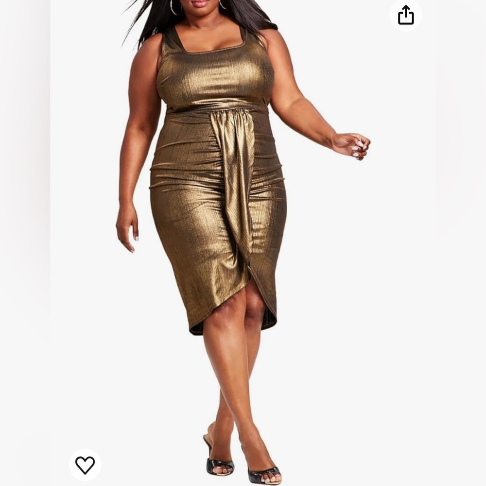 Sculpting Metallic Gold Midi Dress with Front Drape